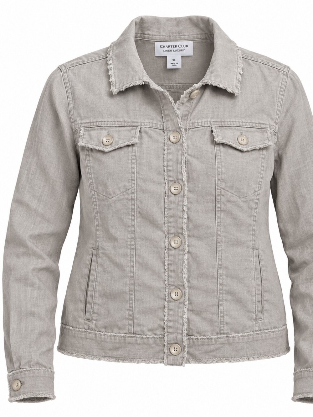 CHARTER CLUB | Linen Luxury Raw Edge Cropped Utility Jacket Grey Taupe | XL